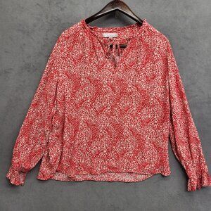 Loft Tunic Blouse Women Medium Red & White Geometric‎  V Neck w/ties